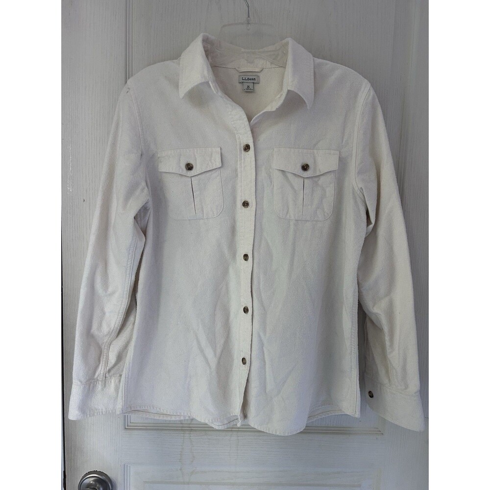 L.L. Bean Vintage Chamois Flannel Shirt Women M Ivory Thick Cotton Quiet Luxury